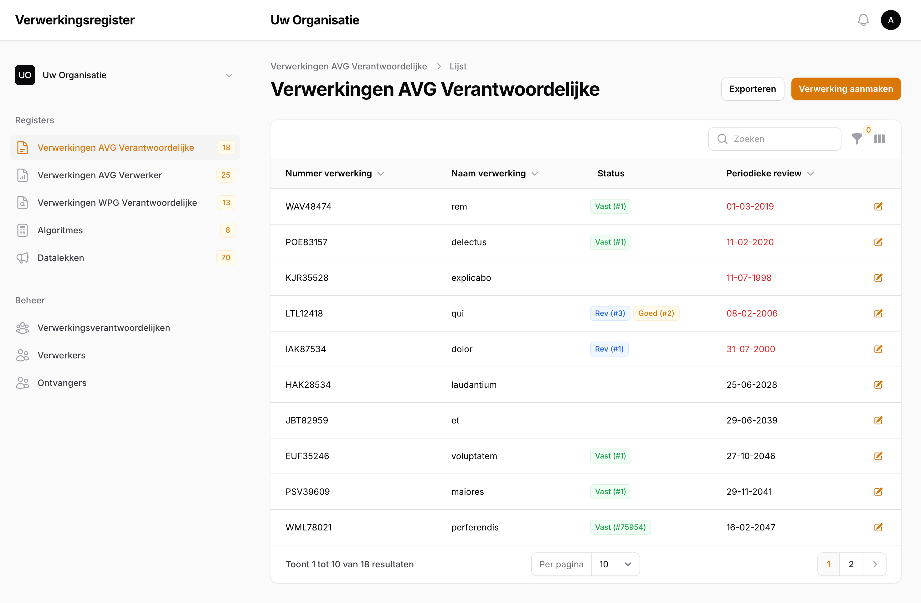 Screenshot van het verwerkingsregister portaal